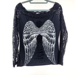 Black Lace Angel Wing Cut Up Long Sleeve Top